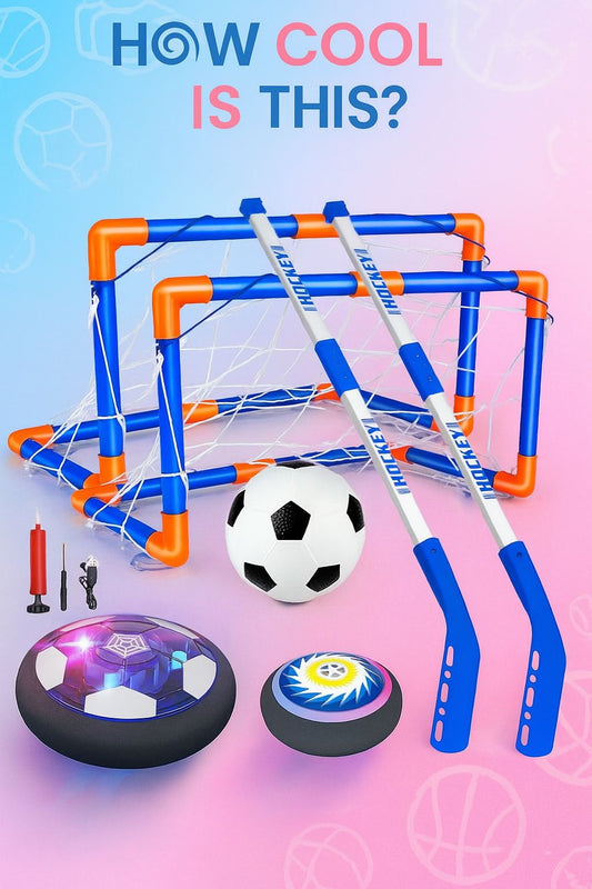 Children's sports equipment including  Hover Soccer Ball Set on a colorful background.